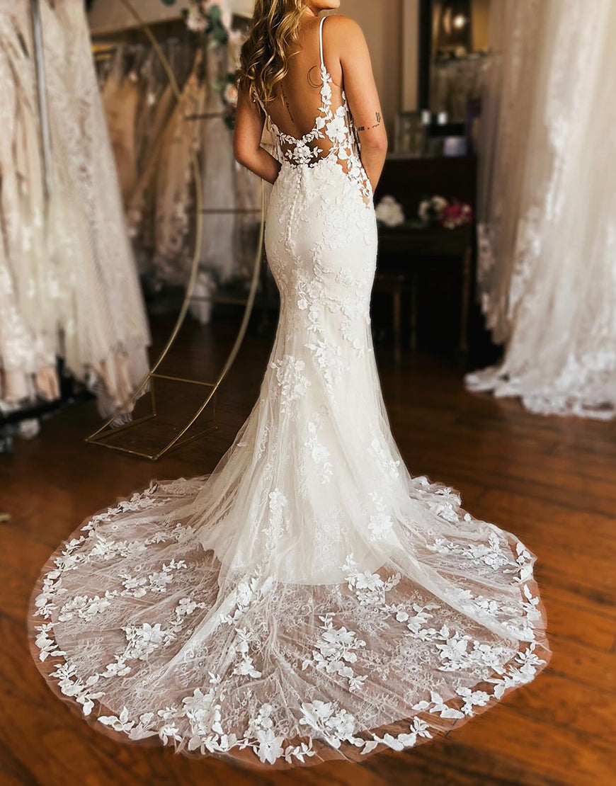 Luolandi Ivory Gorgeous Applique Sheath Mermaid Floor Length Wedding Dress V-neck Beautiful